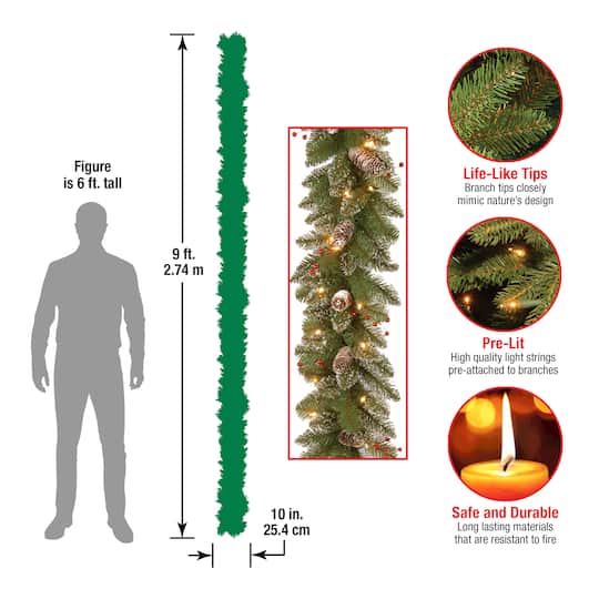 9' x 10" Pre-lit Glittery Mountain Spruce Artificial Christmas Garland with White Edged Cones, Red Berries and 50 Clear Lights